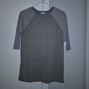 Lularoe Sloane Size 14 (Youth Large) Gray, Green and Blue Men's Raglan Shirt